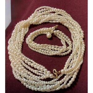 Vintage 5 Strand Layered Twisted Faux Pearl Necklace with Matching Bracelet